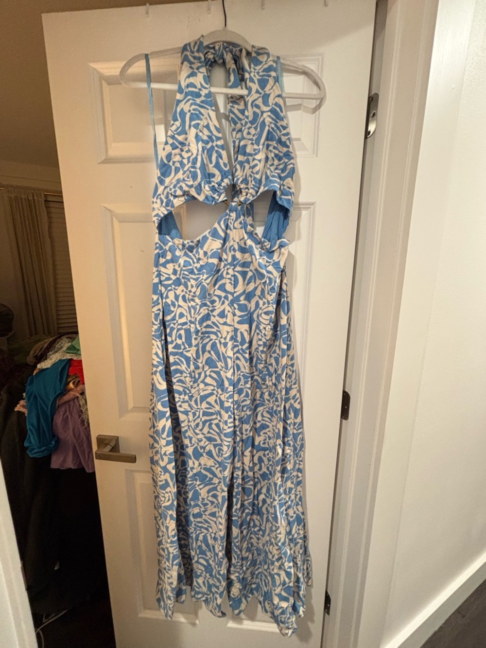 Free People Blue and White Printed Halter Cutout Jumpsuit